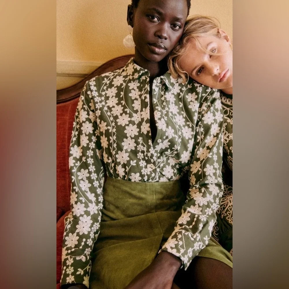 Sezane Green Floral Embroidered Button-Up Blouse - Picture 2 of 6